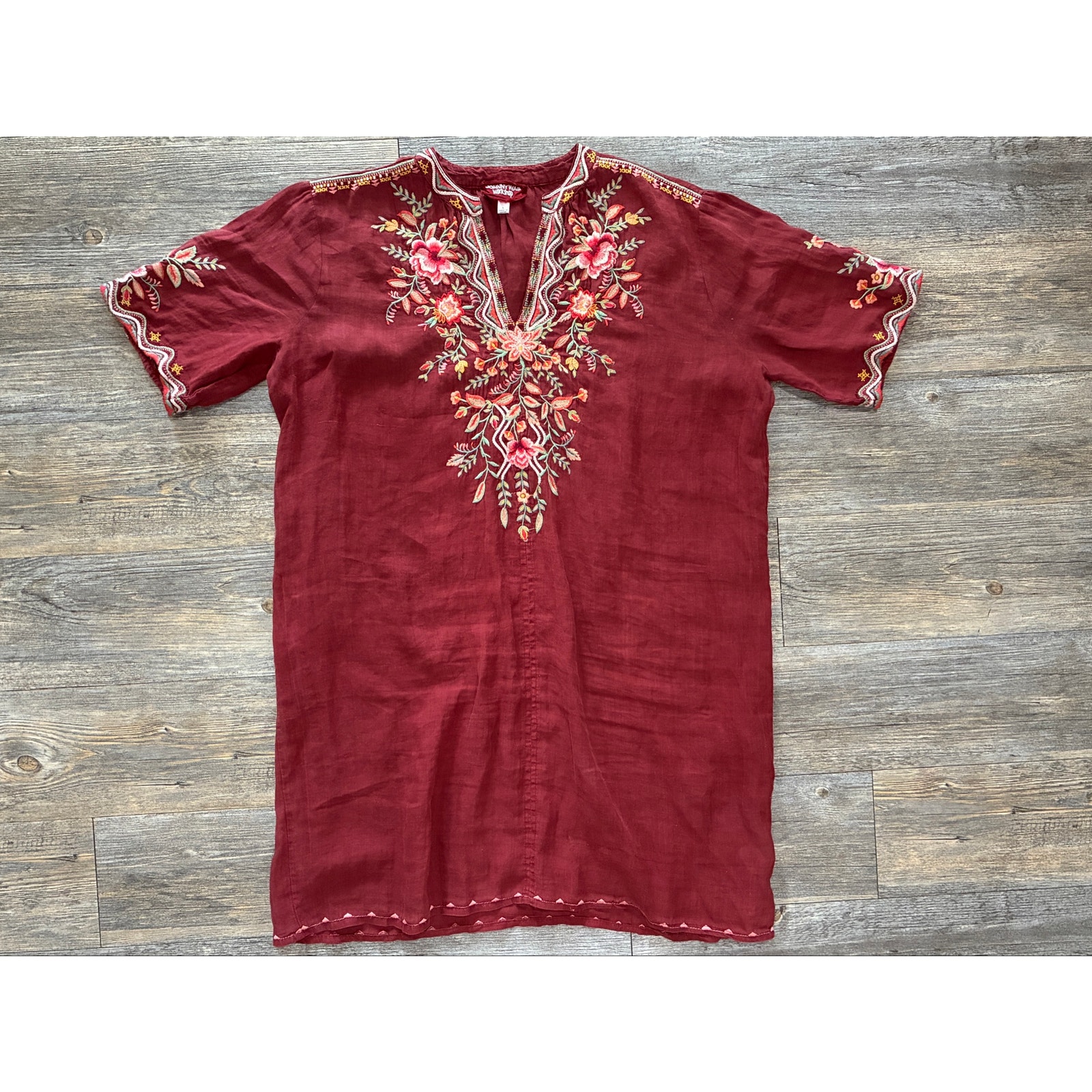 Johnny Was Workshop Alise Easy Maroon Dress Large Boho Embroidery 100% Ramie